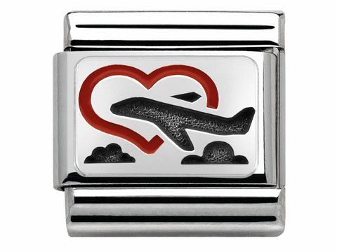 Herz mit Flugzeug Motive in Emaille, silberfarbener Hintergrund, Design von Nomination Classic, produziert durch Nomination, ideal für Armbänder oder Schmuckkollektionen.