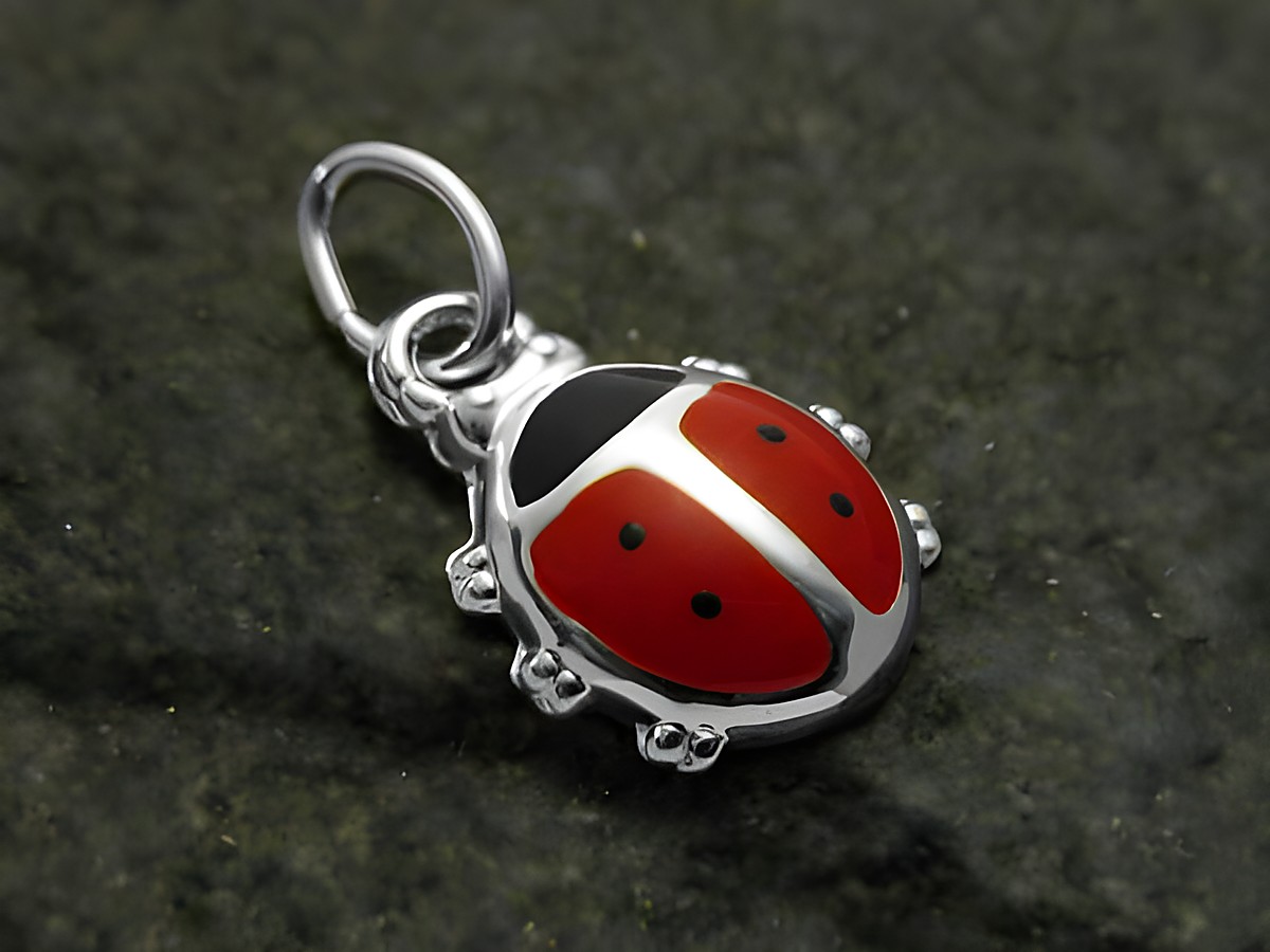 Marienkäfer emaillierter Sterling Silber Anhänger für Kinder, hergestellt von Juwelier Harnisch, detailreich gestaltet mit roten und schwarzen Farben, ideal als Schmuckstück für Kinder.