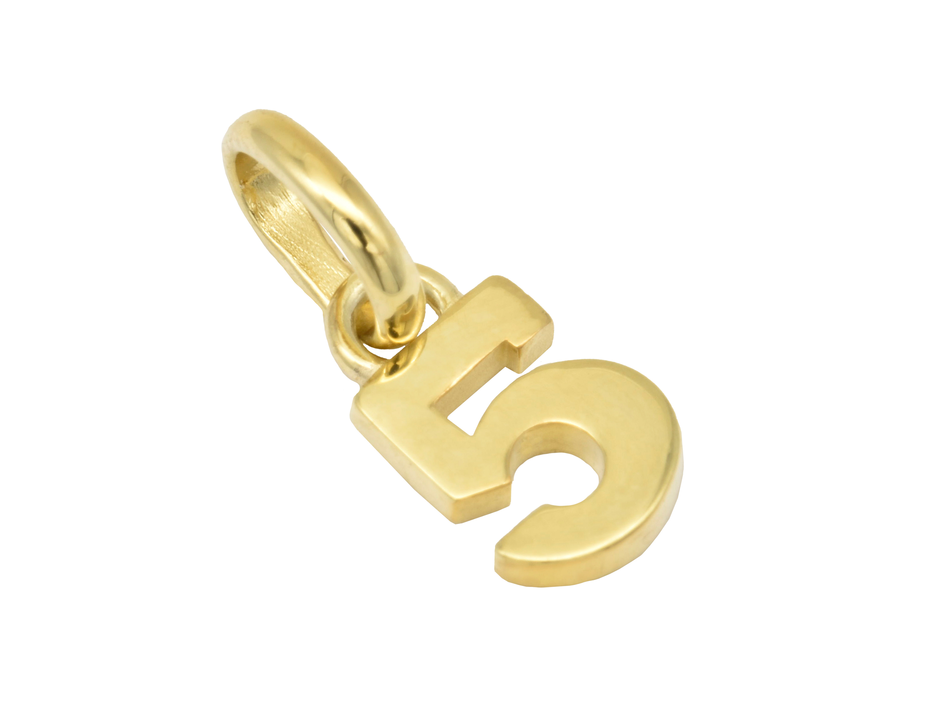 Gold Anhänger mit der Zahl 5 aus poliertem Gelbgold, symbolisiert Glückszahlen, hergestellt von Juwelier Harnisch, ideal für persönliche Geschenkideen oder Schmuckkollektionen.