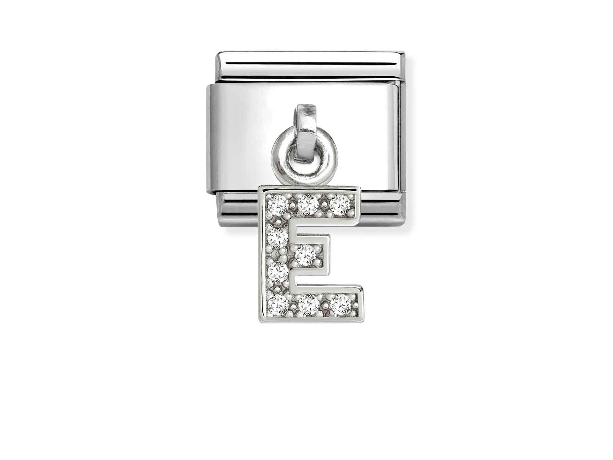 Classic Sterling Silber Charm in Form des Buchstabens E, verziert mit Zirkonia, glänzende Oberfläche, Hersteller Pandora, Neuheiten. Ideal für persönliche Schmuckstücke oder Geschenke.