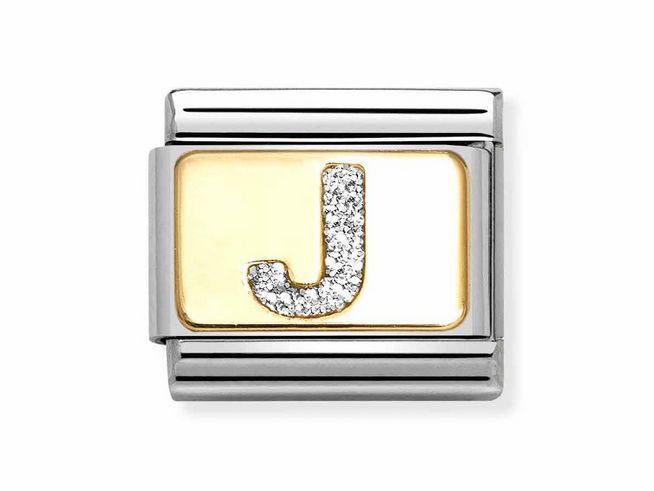 Nomination 030291 10 Classic Buchstabe J aus Emaille mit Silber-Glitzer auf Gelbgold und Edelstahl glänzt elegant und modern. Ideal für stilvolle Armbänder.