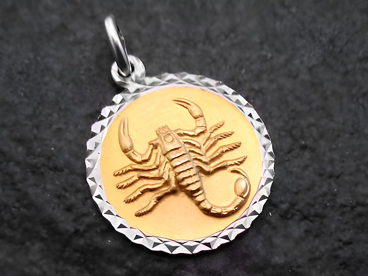 Goldener Anhänger mit einem reliefartigen Skorpion auf silbernem Hintergrund, hergestellt vom Juwelier Harnisch, ideal für das Sternzeichen Skorpion.