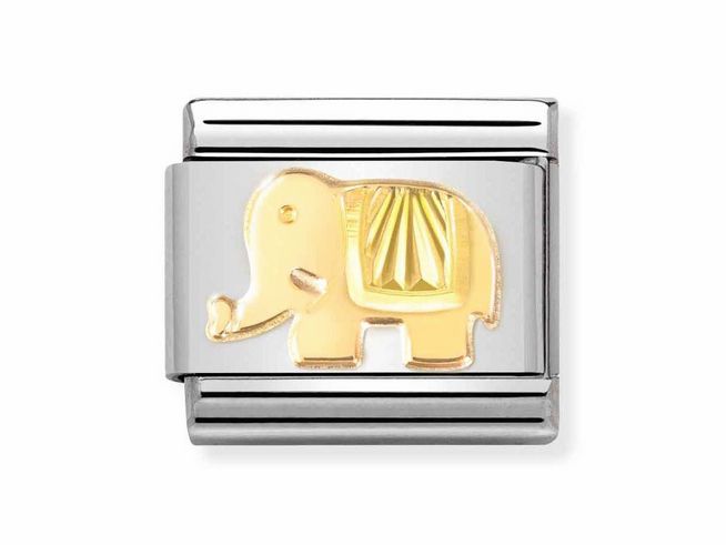 403014950-0 Elegantes Charm aus Edelstahl mit einem goldenen Elefantenmotiv, diamantiert, von Nomination 030149 50 Classic SYMBOLE, verbindet hochwertige Materialien und ansprechendes Design.