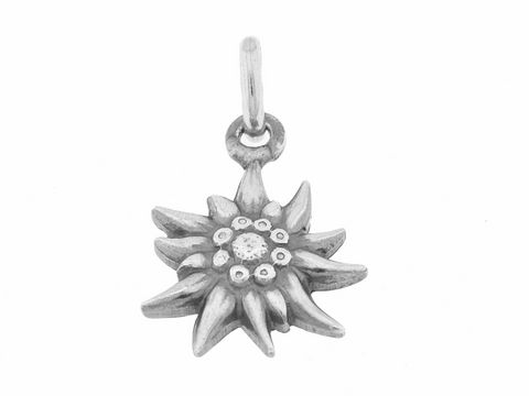 Edelweiß Anhänger aus 925 Sterling Silber, zart und ca. 1,5 cm groß, hergestellt von Juwelier Harnisch, zeigt eine detailreiche Darstellung der Pflanze.