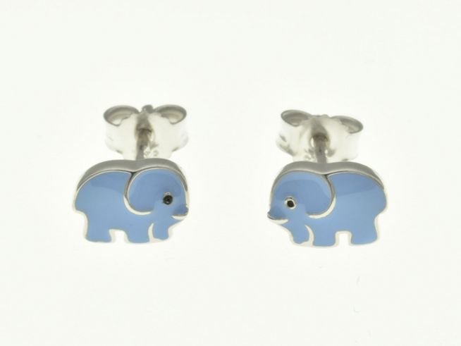 Elefant Ohrstecker aus rhodiniertem Sterling Silber mit blauer Lackierung, hergestellt von Juwelier Harnisch, ideal für Kinder. Die Ohrringe zeigen niedliche Elefanten in ansprechendem Design.