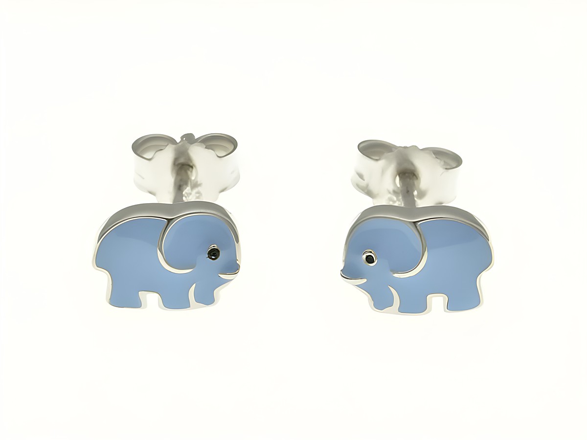 Elefant Ohrstecker aus rhodiniertem Sterling Silber mit blauer Lackierung, hergestellt von Juwelier Harnisch, ideal für Kinder. Die Ohrringe zeigen niedliche Elefanten in ansprechendem Design.