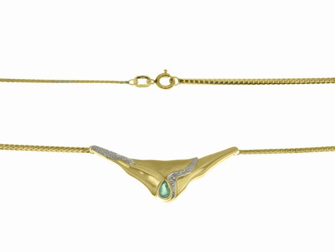 Collierkette mit Mittelteil aus 333 Gelbgold und Weißgold, versehen mit einem Smaragd und einem Diamanten von 0,01ct W. Länge 42 cm, Hersteller Juwelier Harnisch, elegantes Design.