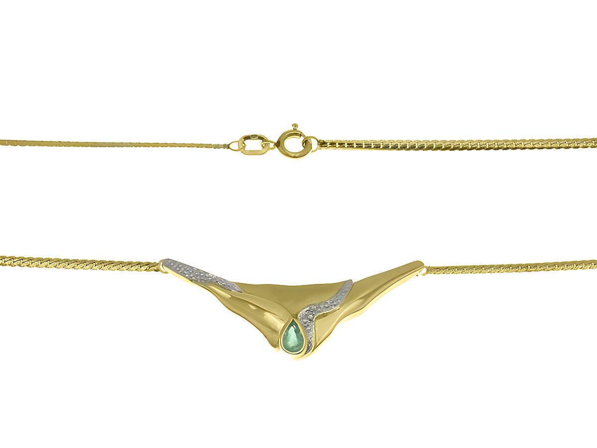 Collierkette mit Mittelteil aus 333 Gelbgold und Weißgold, versehen mit einem Smaragd und einem Diamanten von 0,01ct W. Länge 42 cm, Hersteller Juwelier Harnisch, elegantes Design.