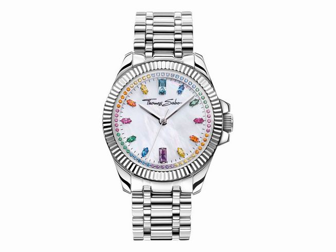 Edelstahl Damenuhr von Thomas Sabo mit hellen Zifferblatt, bunten Steinen und einem Edelstahlband, Modell WA0394-201-201-33, stilvoll und elegant für jeden Anlass.