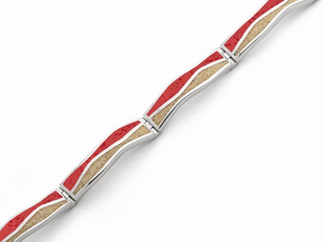 Sterling Silber Armband von DUR im Wellen-Design mit Strandsand und roten Koralle-Elementen, Länge 18,5 cm, elegant und modern. Ideal für jeden Anlass, zeitloses Schmuckstück.