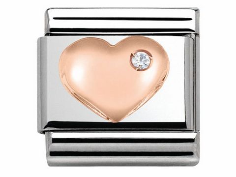 Edelstahl Charm von Nomination mit roségoldenem Herz und einem funkelnden Stein, elegant und modern, ideal für Armbänder.