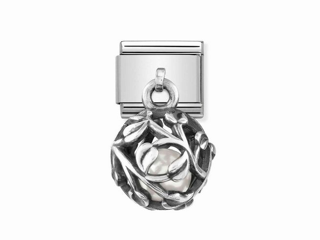 433181005-0 Kugel aus sterling Silber mit filigranem Blattdesign und einer weißen Perle im Inneren, passend für Nomination Charms, Modellnummer 331810 05.