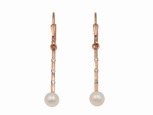 303347-0 Ohrhänger aus 925 Sterling Silber, poliert und roségold vergoldet, mit Süßwasser-Zuchtperlen und Zirkonia, Hersteller Juwelier Harnisch.