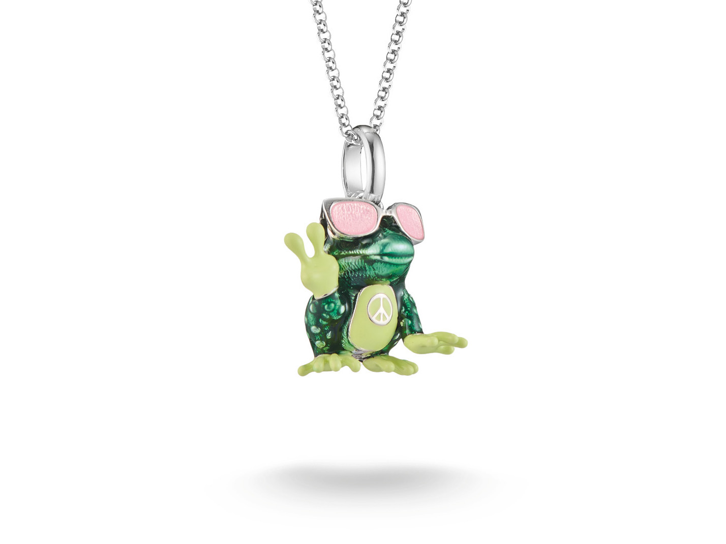 Froschkette von Thomas Sabo mit einem bunten Frosch-Anhänger in Sonnenbrille, der ein friedliches Zeichen zeigt, an einer feinen Silberkette von 40-45 cm.