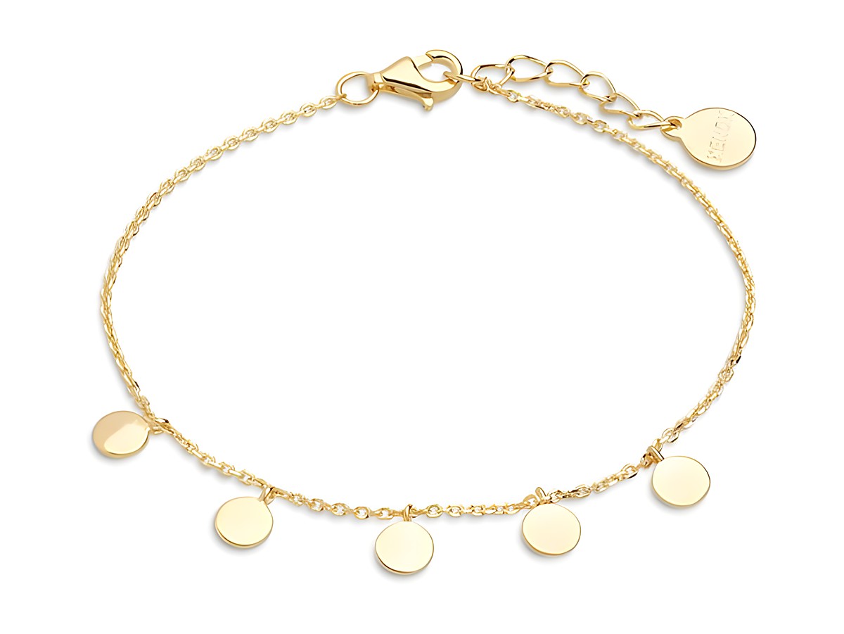 Xenox Sterling Silber Armband XS3691G, 18,5 cm, mit Gelbgold vergoldeter Ankerkette und fünf runden Anhängern, perfekt für jeden Anlass und personalisierbar durch Gravur.