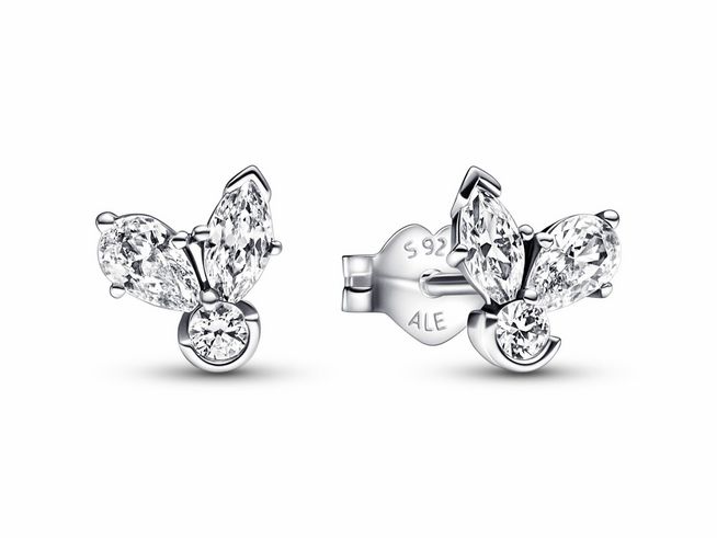 Ohrringe von Pandora in Sterling Silber mit klaren Zirkonia, Modell 292406C01, elegante und funkelnde Design mit drei unterschiedlich geformten Steinen in ansprechender Anordnung.