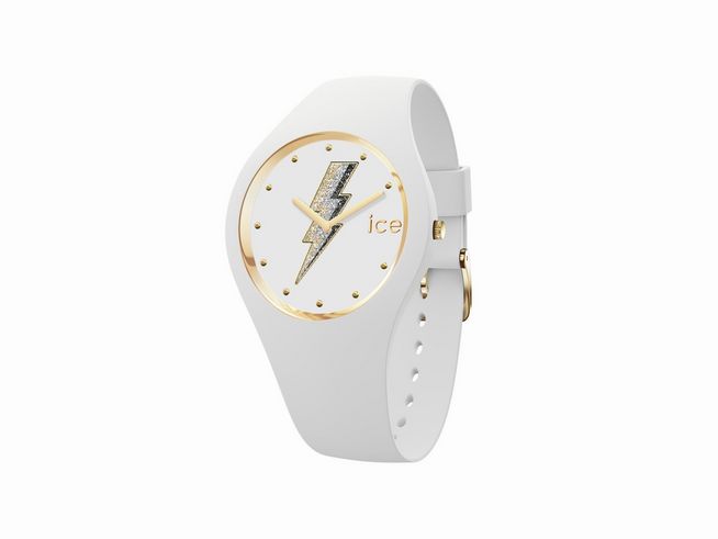 Die Ice Watch Ice Glam Rock in Electric White präsentiert ein schlichtes, weißes Silikonarmband und ein Zifferblatt mit einem stylischen Blitz-Motiv in Gold und glitzernden Akzenten.