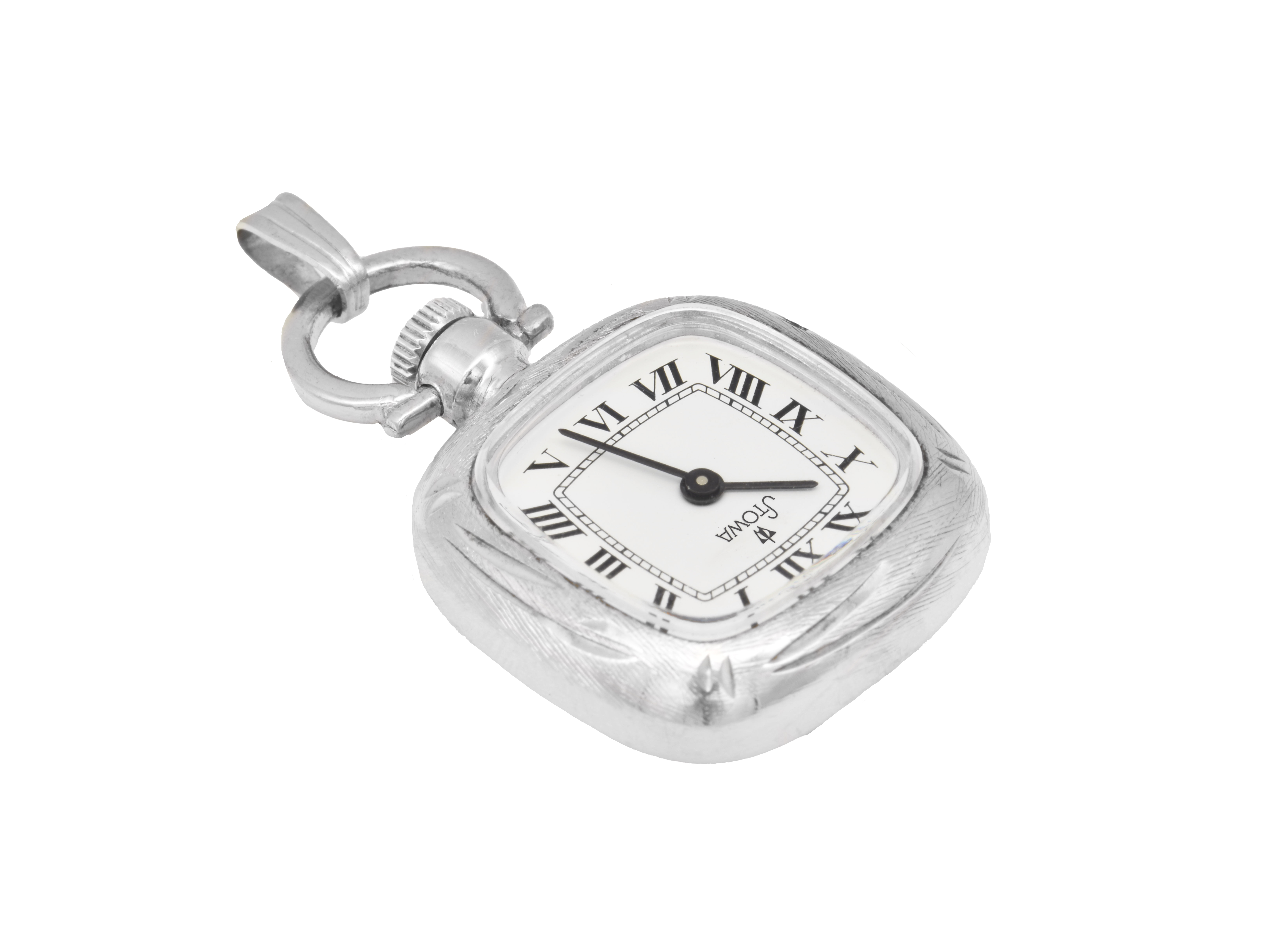 Taschenuhr aus echtem Silber von STOWA mit Handaufzug, rechteckiges, verziertes Gehäuse und klassischem Zifferblatt mit römischen Ziffern, hergestellt von Juwelier Harnisch, eine Rarität.