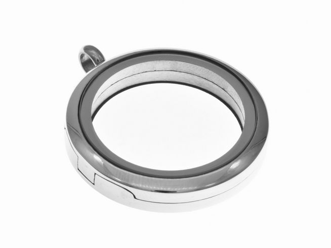 Runder Fotoanhänger aus Edelstahl mit Glas, originelles Design. Hochwertige Verarbeitung, ideal zur persönlichen Gestaltung mit Erinnerungsfotos. Hersteller Juwelier Harnisch.