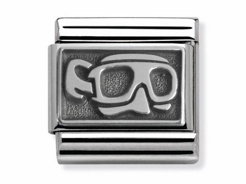 433010211-0 Maske und Mundstück aus Silber von Nomination Classic Silvershine Plaettchen, mit stilisiertem Tauchermotiv, perfekt für Schmuckliebhaber und Wassersportenthusiasten.