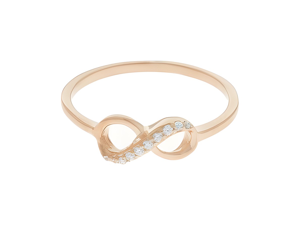 Modischer Ring in rosé vergoldet mit Unendlichkeitssymbol und funkelnden Ziesteinen, Größe 52, Hersteller Juwelier Harnisch, bis Größe 52 / 16,5.