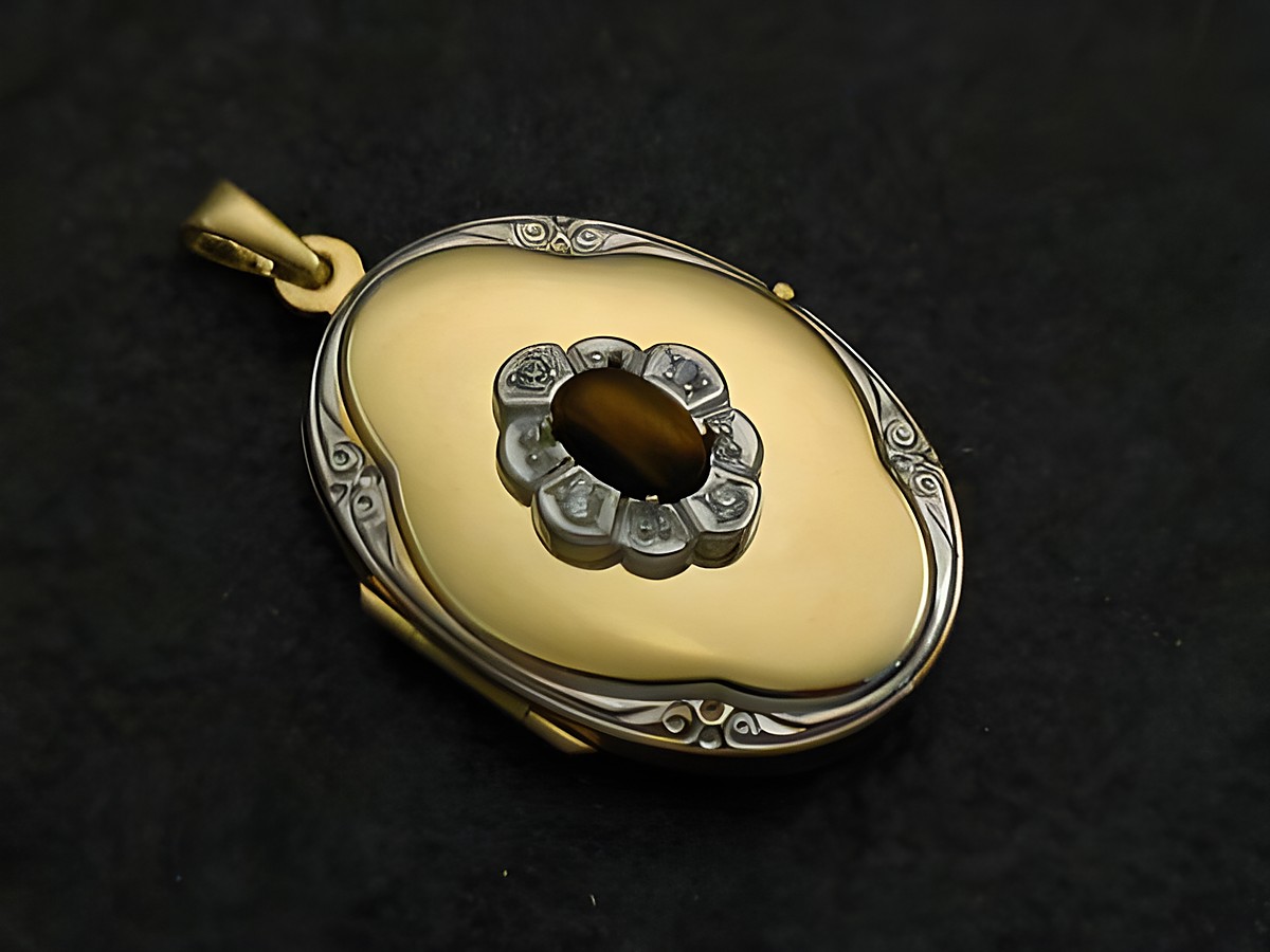 Tigerauge Medaillon Cabochon in Gold 333 bicolor mit Brillanten, Hersteller Juwelier Harnisch, Gelbgold 333, filigranes Design und edle Verarbeitung.