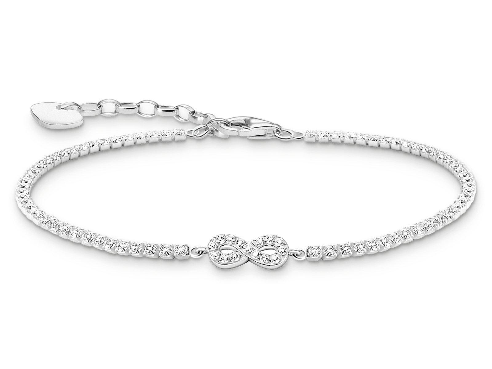 Silbernes Unendlichkeit Armband von Thomas Sabo mit Zirkonia, verziert und in der Länge von 16 bis 19 cm einstellbar. Elegant und zeitloses Design für jeden Anlass.