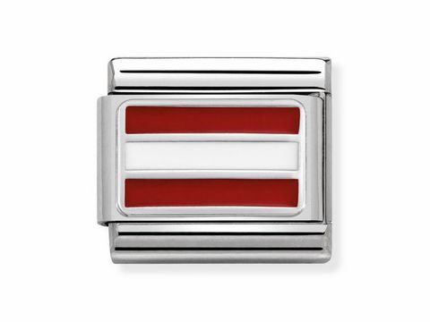 Das Bild zeigt ein Charm für Armbänder der Marke Nomination mit der Flagge von Österreich. Der Anhänger besteht aus rotem und weißem Emaille und hat einen silbernen Rahmen.