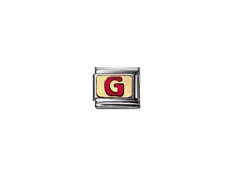 NOMINATION Classic Buchstabe ROT emailliert G 030202 07, Hersteller: Nomination, zeigt einen silbernen Charm mit einem roten Buchstaben G auf einem beigen Hintergrund.