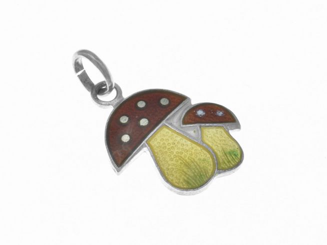 Anhänger in Form eines Fliegenpilzes aus sterling Silber mit farbigem Lack, poliert, vom Hersteller Juwelier Harnisch, geeignet für Kinder.