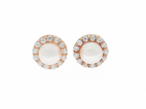 Ohrringe Stecker in rundem Design, silber rosé vergoldet, zeitlos mit Perlen und funkelnden Zirkonia, Hersteller: Juwelier Harnisch. Ideal für elegante Anlässe.