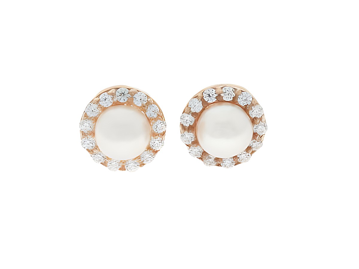 Ohrringe Stecker in rundem Design, silber rosé vergoldet, zeitlos mit Perlen und funkelnden Zirkonia, Hersteller: Juwelier Harnisch. Ideal für elegante Anlässe.