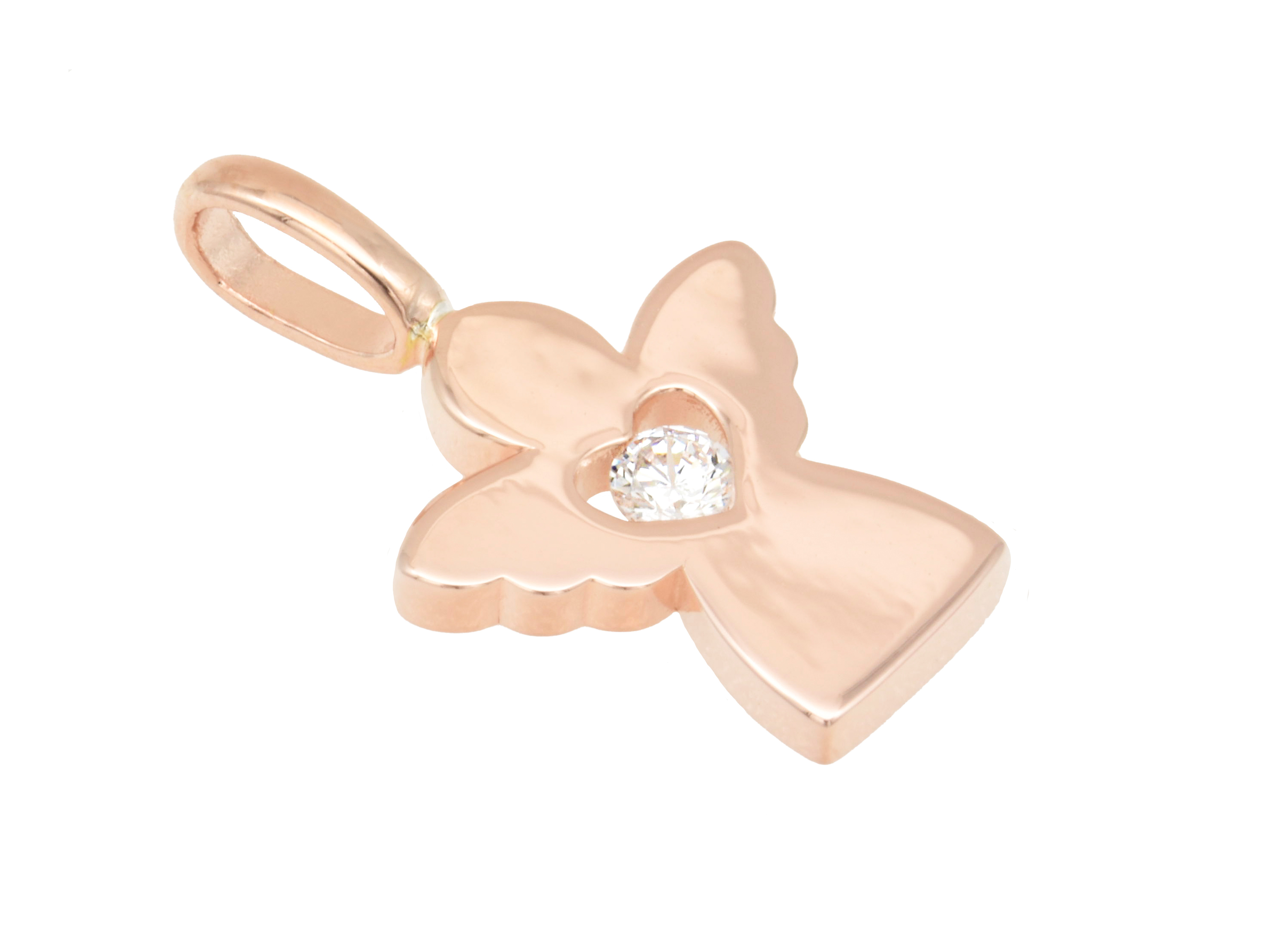 Silber Anhänger Engel mit Herz aus roségold vergoldetem und poliertem Material, verziert mit einem Zirkonia, hergestellt von Juwelier Harnisch, ideal als elegantes Schmuckstück.