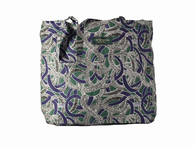 Einkaufsshopper von Les Georgettes in der Größe 44x34,5 cm mit einem bunten Schlangenmuster in verschiedenen Grüntönen und Blau, ideal für den täglichen Gebrauch.
