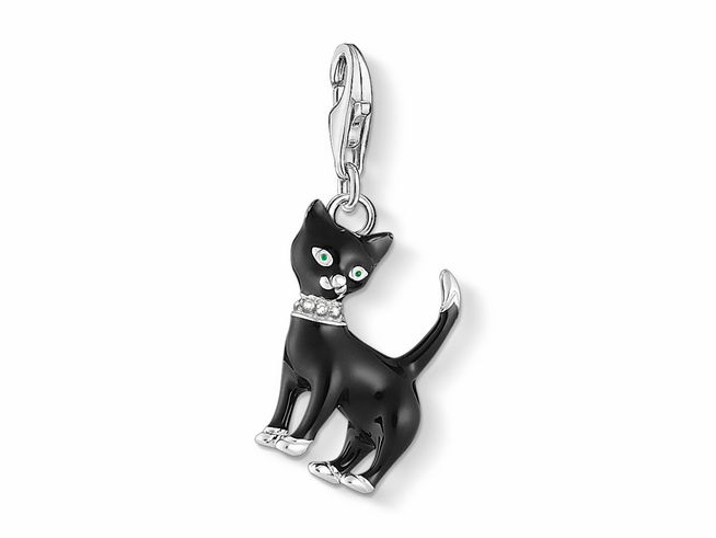 56971282-0 Charm-Anhänger in Form einer schwarzen Katze aus Sterling Silber mit Kaltemail und Zirkonia-Augen, elegant und verspielt, ideal für Tierliebhaber und Fans von besonderen Schmuckstücken.