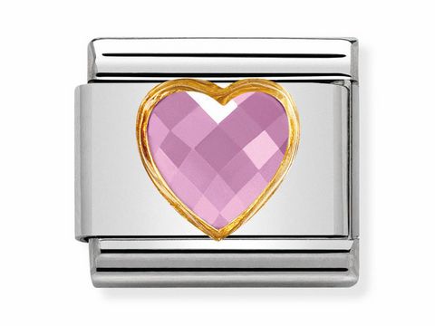 Rosa facettierte Zirkonia in Herzform auf einem silbernen Composable Classic Element von Nomination, kombiniert mit goldfarbener Umrandung für einen eleganten Look.