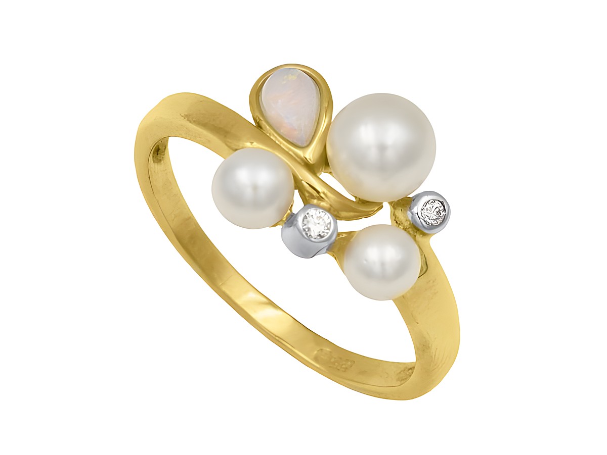 Gelbgold Ring mit abstraktem Design aus 585er Gelbgold, verziert mit einem Opal, Akoya Zuchtperlen und Diamanten in Größe 57, Hersteller Juwelier Harnisch, bis Größe 56/18.