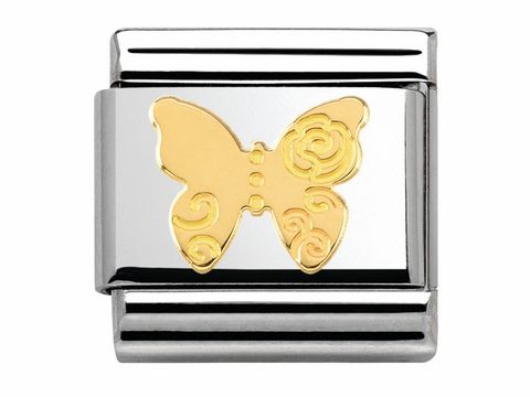 Klassisches Armbandglied aus Edelstahl mit goldenem Schmetterlingsmotiv und floralen Mustern von Nomination MADAME ET MONSIEUR Versailles, elegant und vielseitig kombinierbar.