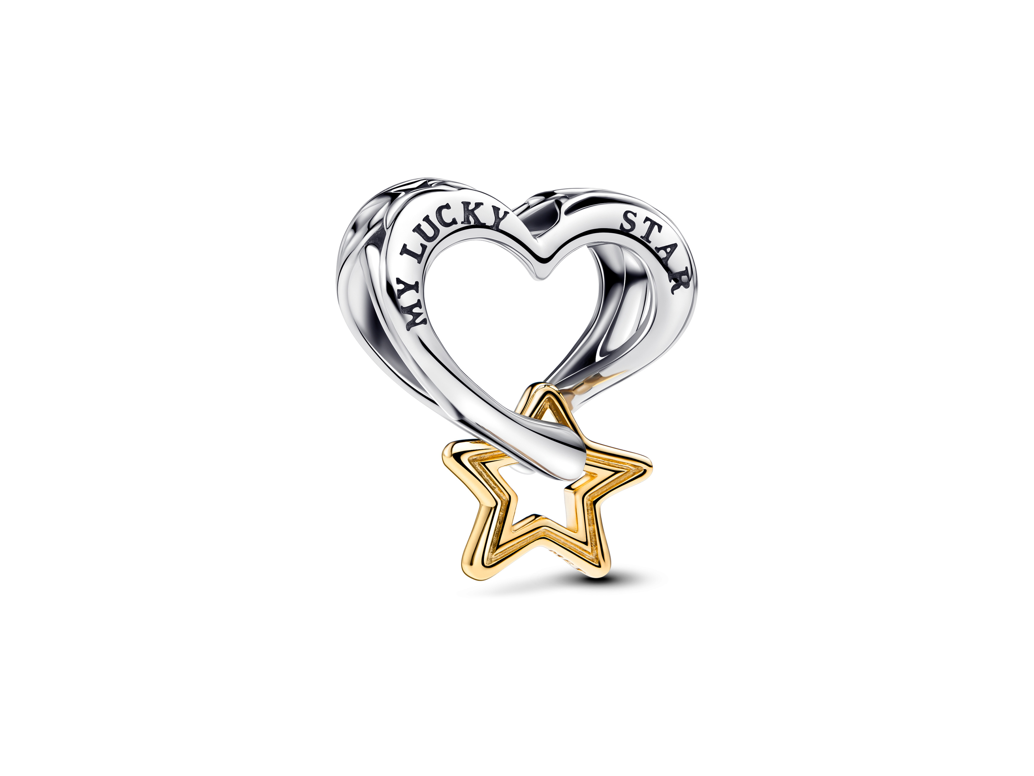 Herz und Stern von Pandora aus Silber und vergoldetem Gelbgold, mit der Gravur „MY LUCKY STAR“, elegantes Design für besonderen Schmuckliebhaber.