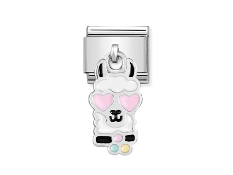 Charm von Nomination mit einem Lama-Kopf in Silber und pastellfarbenen Details, mit Herzaugen und einem fröhlichen Ausdruck, geeignet für eine modische Anhänger-Kollektion.