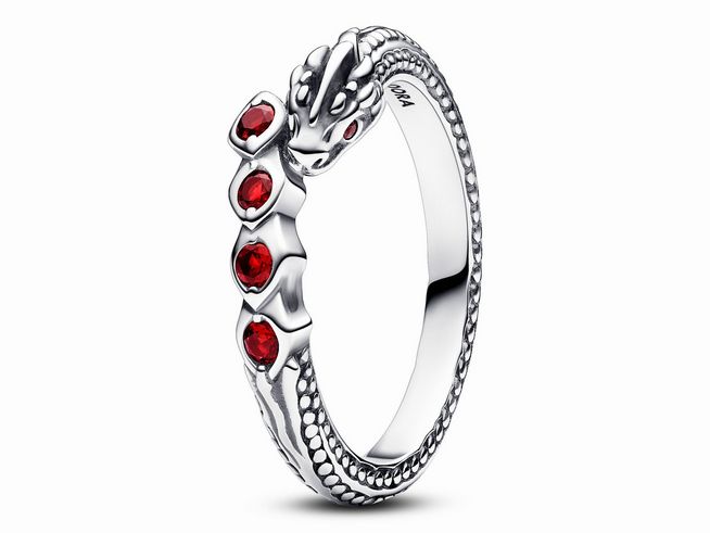 Sterling Silberring von Pandora im Game of Thrones Design mit einem Drachenkopf und roten Kristallen, Größe 52, elegantes und fantasievolles Schmuckstück.