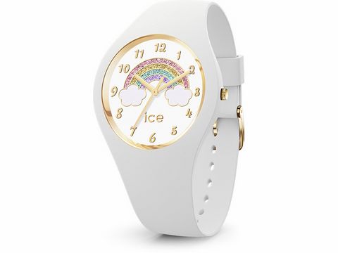 Elegante ICE Fantasia Rainbow White Uhr mit einem weißen Silikonarmband, einem Ziffernblatt mit buntem Regenbogen und goldenen Akzenten, perfekt für einen fröhlichen Look.