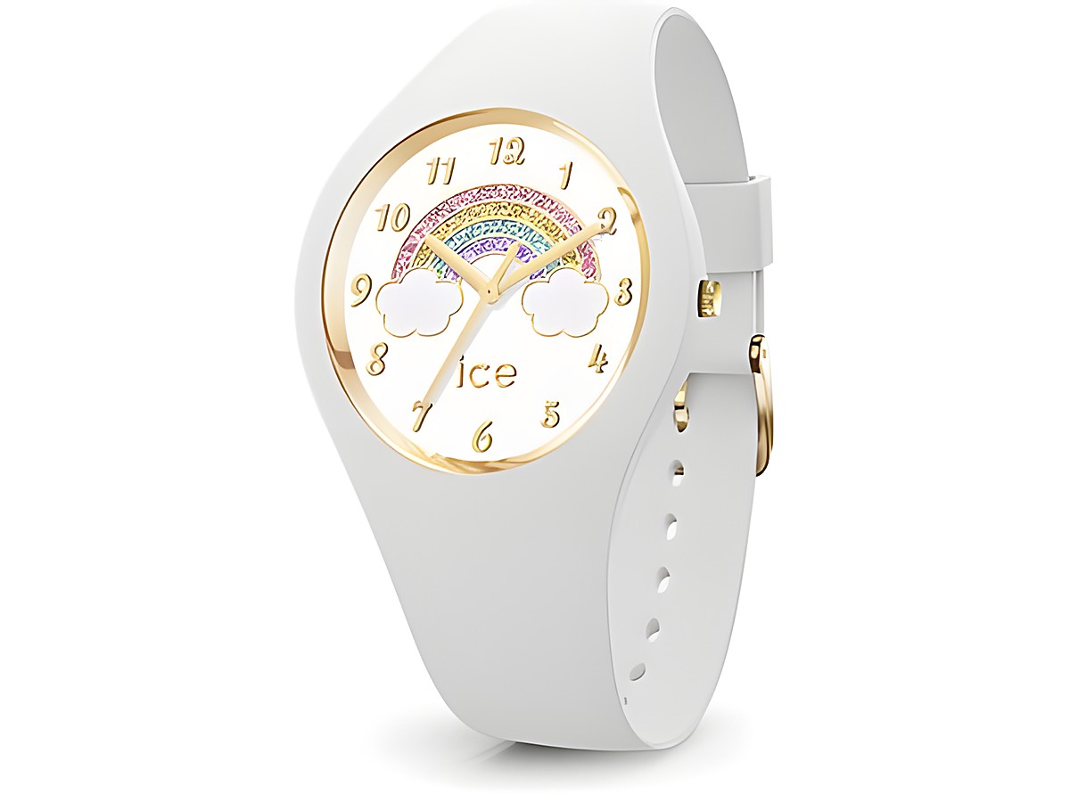 Elegante ICE Fantasia Rainbow White Uhr mit einem weißen Silikonarmband, einem Ziffernblatt mit buntem Regenbogen und goldenen Akzenten, perfekt für einen fröhlichen Look.