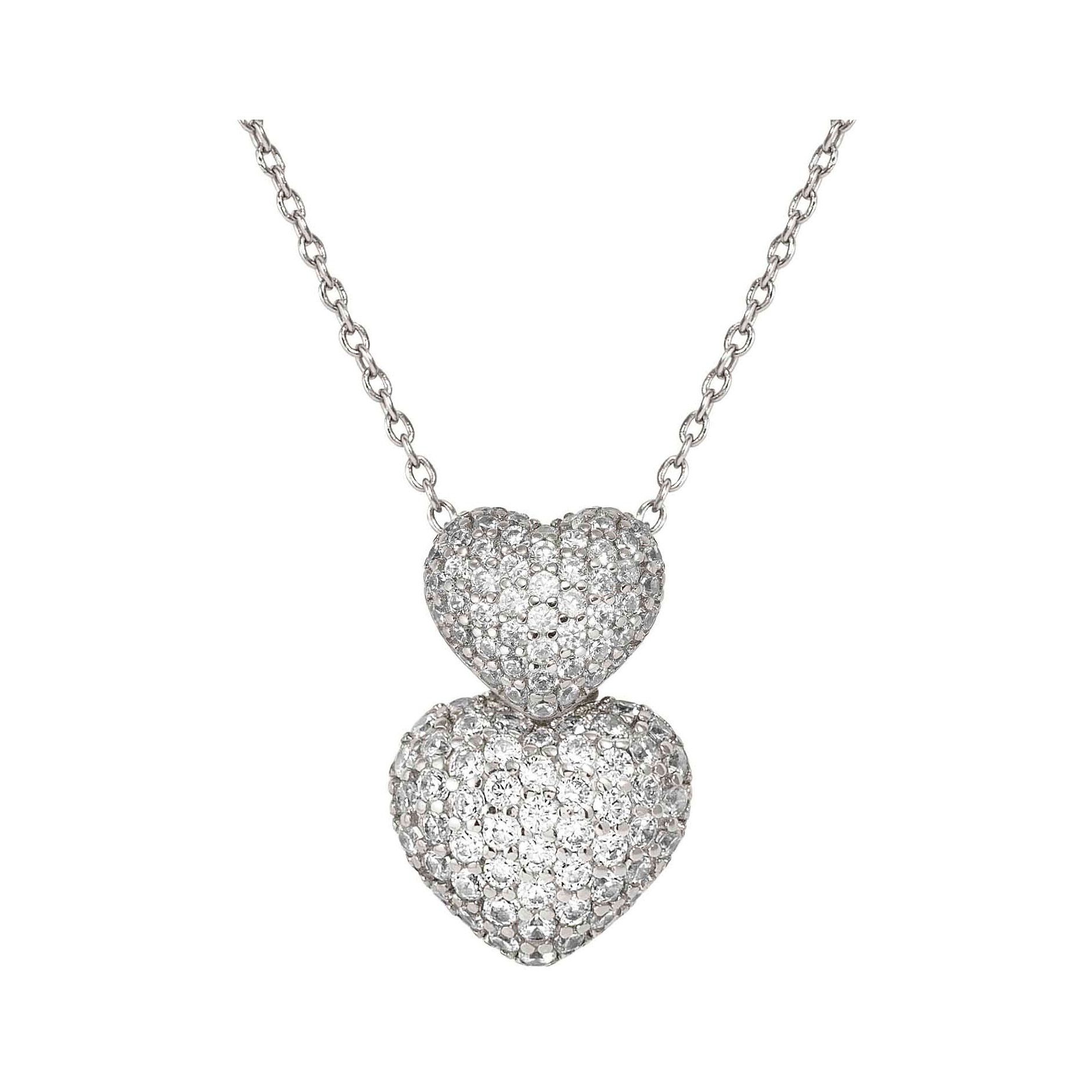 Halskette aus rhodiniertem Sterling Silber mit einem Anhänger in Herzform, besetzt mit Zirkonia in Pavé-Fassung, bestehend aus zwei versetzten Herzen für einen eleganten Look.