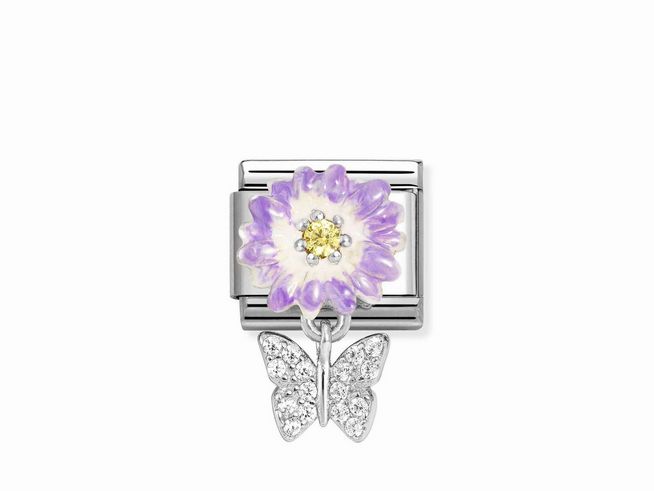 Charm aus Silber mit lila Margerite und schillerndem Schmetterling aus Zirkonia und Emaille in Weiß und Gelb, von Nomination, Modell 331814.