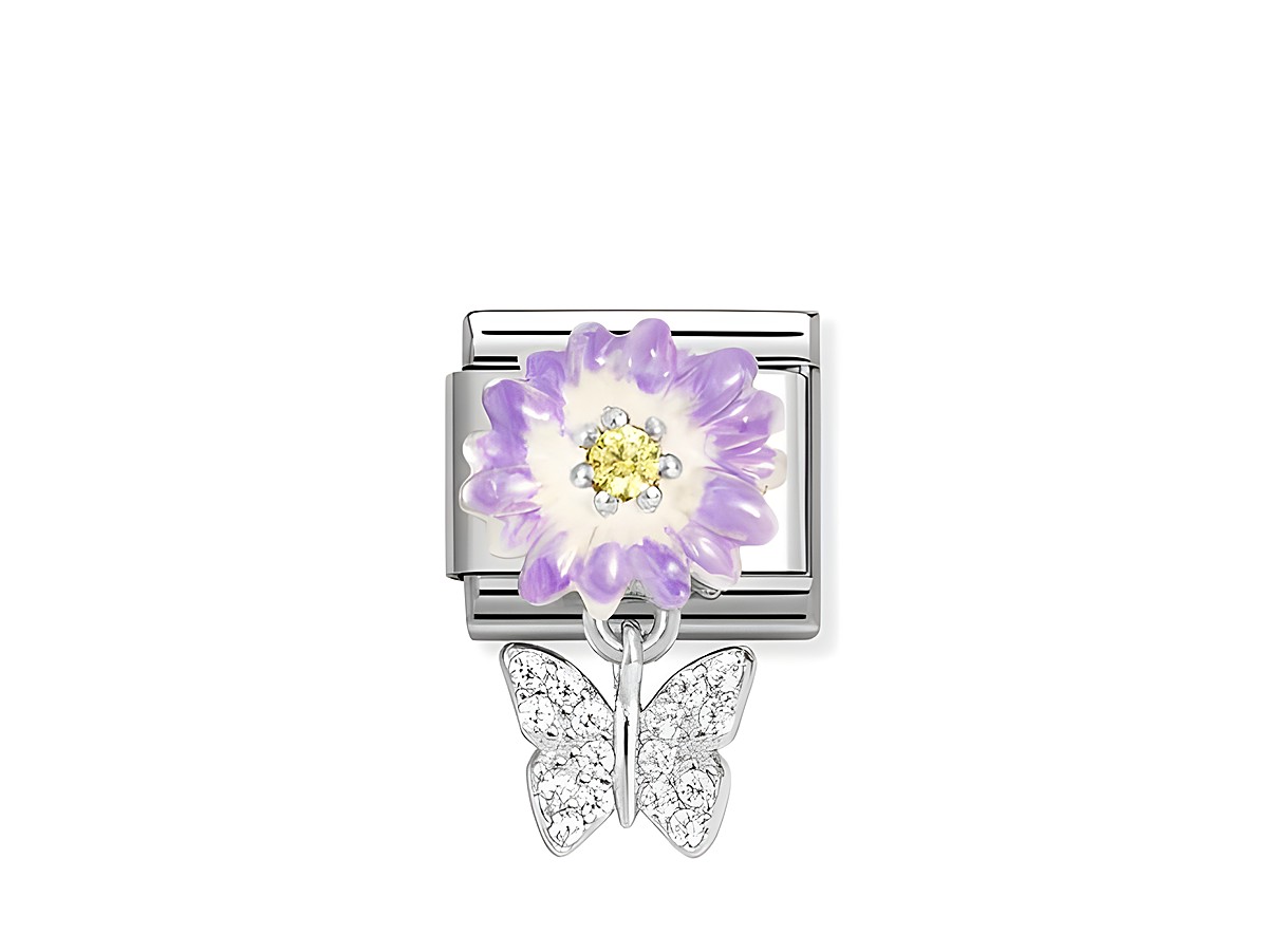 Charm aus Silber mit lila Margerite und schillerndem Schmetterling aus Zirkonia und Emaille in Weiß und Gelb, von Nomination, Modell 331814.