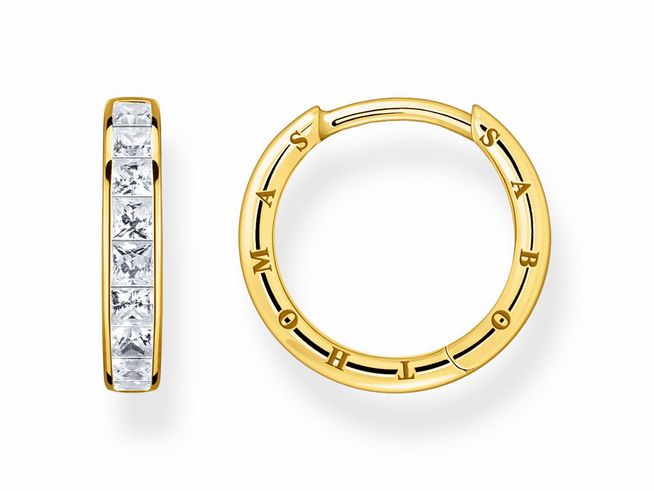 56970298-0 Creolen aus Sterling Silber, vergoldet in Gelbgold, mit weißen Zirkonia-Steinen, Modell CR668-414-14 von Thomas Sabo, elegant und modern gestaltet.