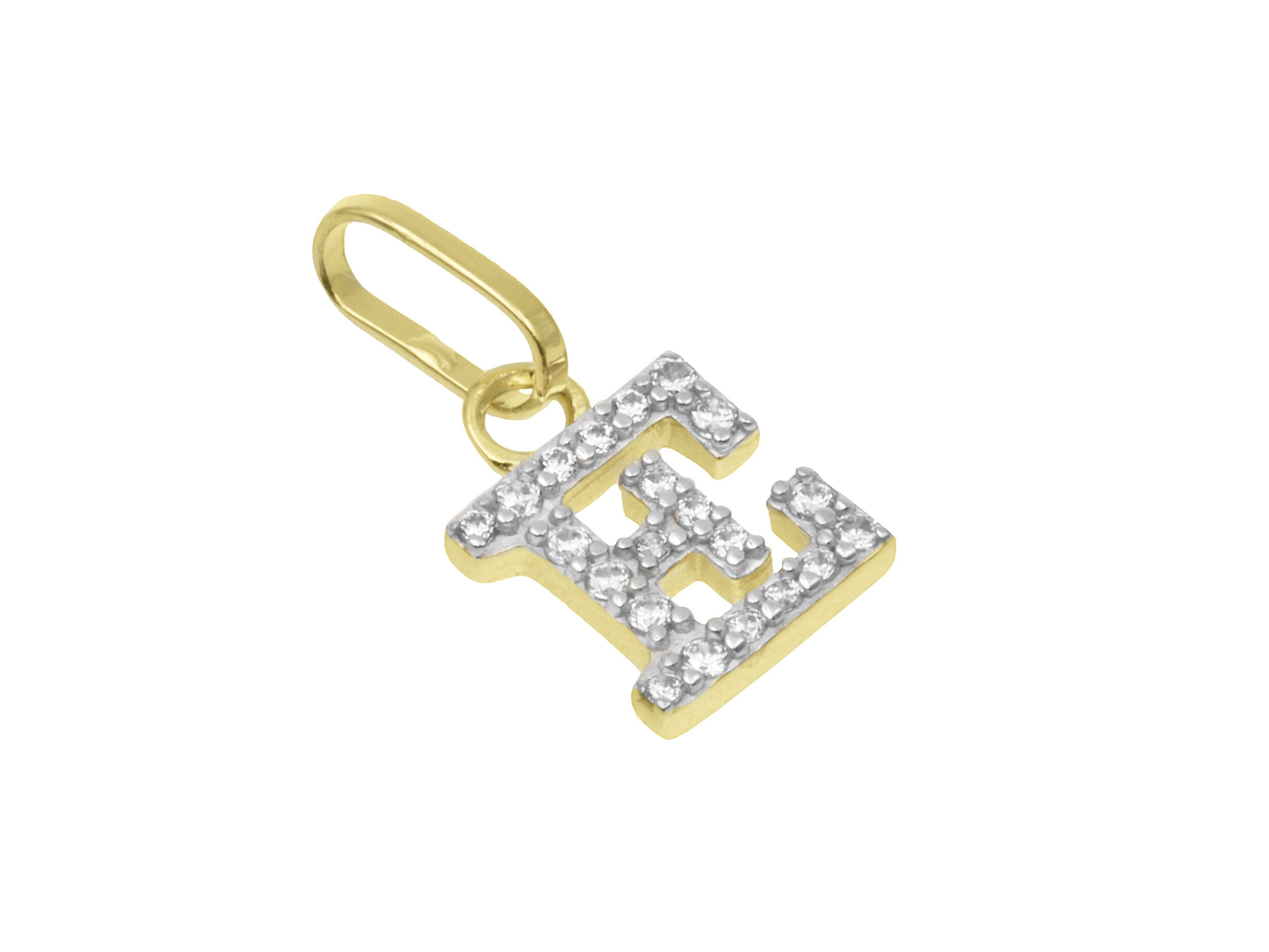 Buchstaben Anhänger - Buchstabe E - Sterling Silber Gelbgold Vergoldung - Zirkonia Buchstaben Anhänger E aus Sterling Silber mit Gelbgold Vergoldung und Zirkonia, Hersteller Juwelier Harnisch, elegant gestaltet und perfekt für persönlichen Schmuck.
