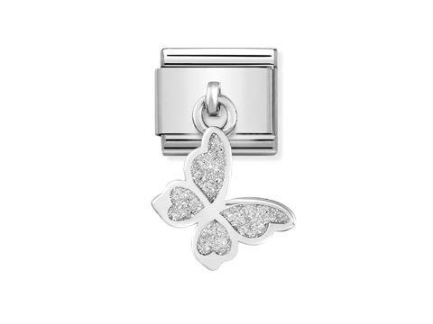 Glitzer-Schmetterling aus Silber mit funkelnden Oberflächen, eleganter Charms-Anhänger von Nomination, perfekt für Schmuckliebhaber, modernes Design und hochwertige Verarbeitung.