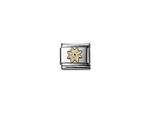 Emaillierter Charm mit einem goldenen Edelweiß-Design auf silbernem Grund, Teil der Classic NATURE Kollektion von Nomination, Hersteller: Nomination, Emailliert.